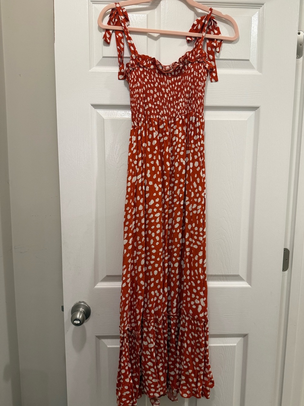 Rust Red Printed Tie-Shoulder Maxi Dress